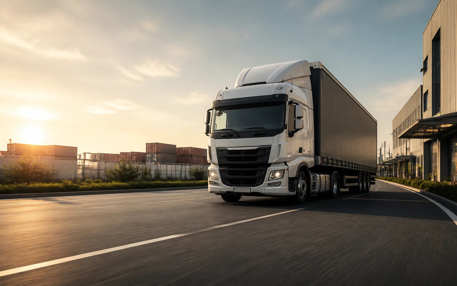 White freight truck driving through a modern distribution corridor
