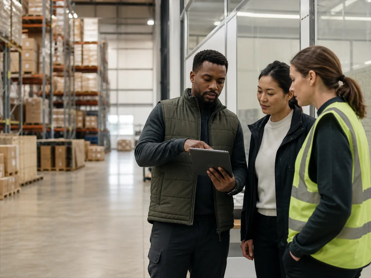 Logistics operations team reviewing a shipment plan in a warehouse